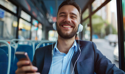 Uśmiechnięty mężczyzna w słuchawkach jedzie autobusem miejskim