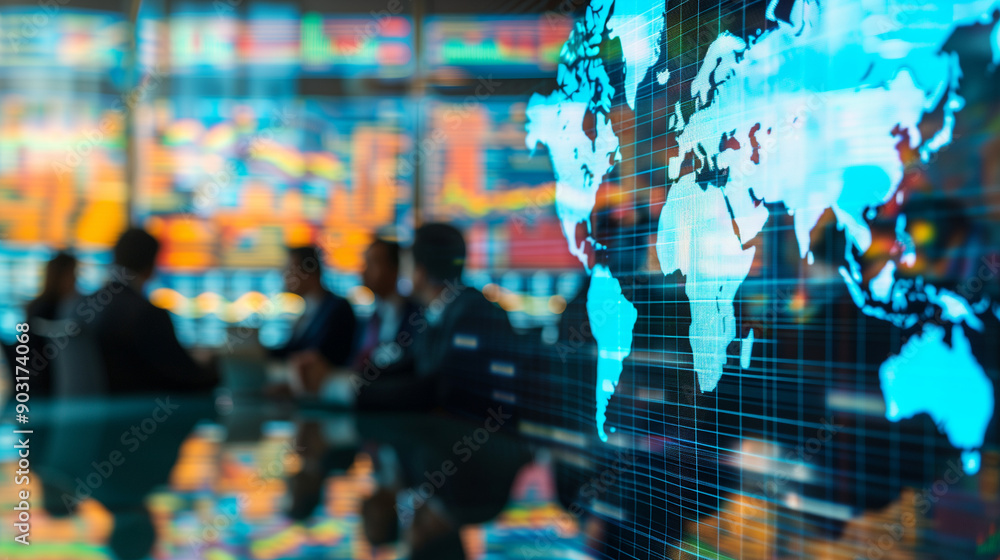 Poster Silhouetted business professionals in a meeting with a digital world map and stock market data on large screens in the background. Global finance and technology concept for design and print