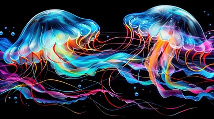 Obraz premium Two colorful jellyfish swim in multicolored wave-tossed water against a black backdrop