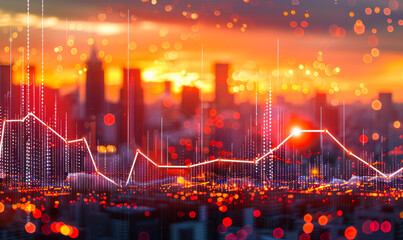 Fototapeta premium Vibrant City Skyline with Financial Trading Chart at Sunset, Market Analysis Concept, Stock Market Data Visualized in Urban Setting