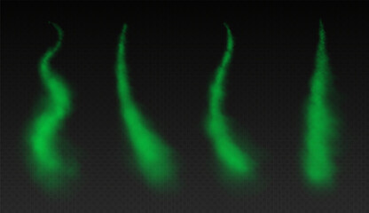 Green smoke trails, airplane condensation trails, toxic contrails, steam lines from fast motion of a plane. Vector illustration.