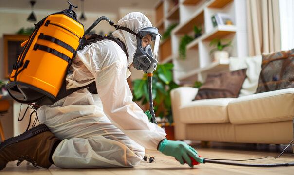 Professional Pest Control Contractor Spraying Pesticide Indoors in Modern Apartment Living Room Daytime Hygiene and Safety Equipment Protective Suit Gas Mask Residential Pest Management