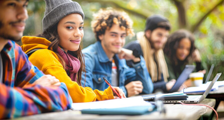 Fototapeta premium Diverse Group of College Students Studying Outdoors During Daytime on Campus, Engaged in Learning, Using Laptops and Notebooks, Relaxed and Focused in a Natural Setting