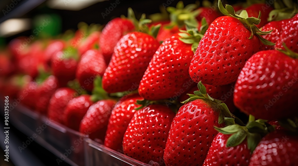 Poster a close-up view of fresh, ripe strawberries arranged neatly in a display. the vibrant red color and 