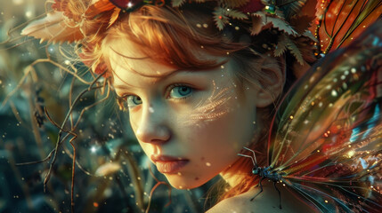 A young girl with a butterfly on her head