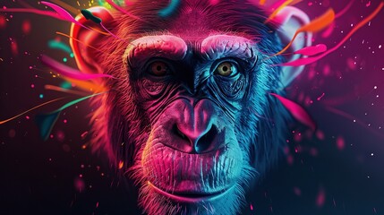   Monkey face in colorful paint splatters, close-up