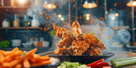 fresh spicy and hot chicken tenders or wings flying floating in the air, cooking or recipe hot ready to serve and eat banner with copy space