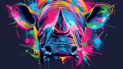   Rhino face with vibrant paint splatters