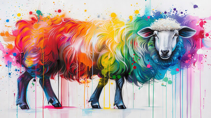   A sheep painted with multiple colored splatters covering its body and head