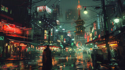 A man is walking down a wet city street at night