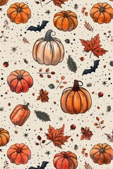 Seamless Autumn Pattern with Pumpkins and Bats