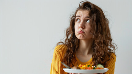 A woman who is hesitant to try new food. on an isolated white background, object focused, png, stock image, hd quality, - Generative AI.