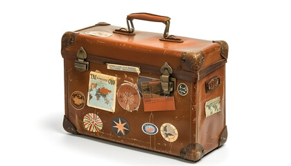 Vintage Leather Suitcase with Travel Stickers Isolated on white background