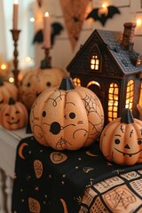 Fototapeta premium Halloween Decor with Pumpkins and Haunted House