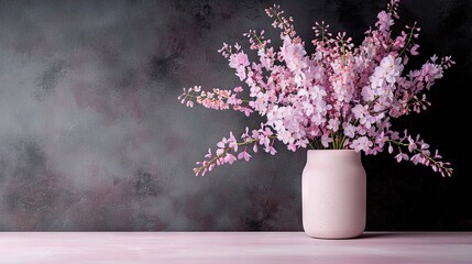 Fototapeta premium White vase with pink flowers on pink countertop beside gray walls