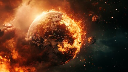 Burning Earth globe, end of the world, complete destruction of planet due to global warming, burning earth damage.
