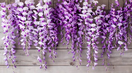 Obraz premium A few purple blooms dangle from a wooden panel on a wood-paneled wall