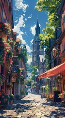 A picturesque village street with flowers and mountain backdrop.
