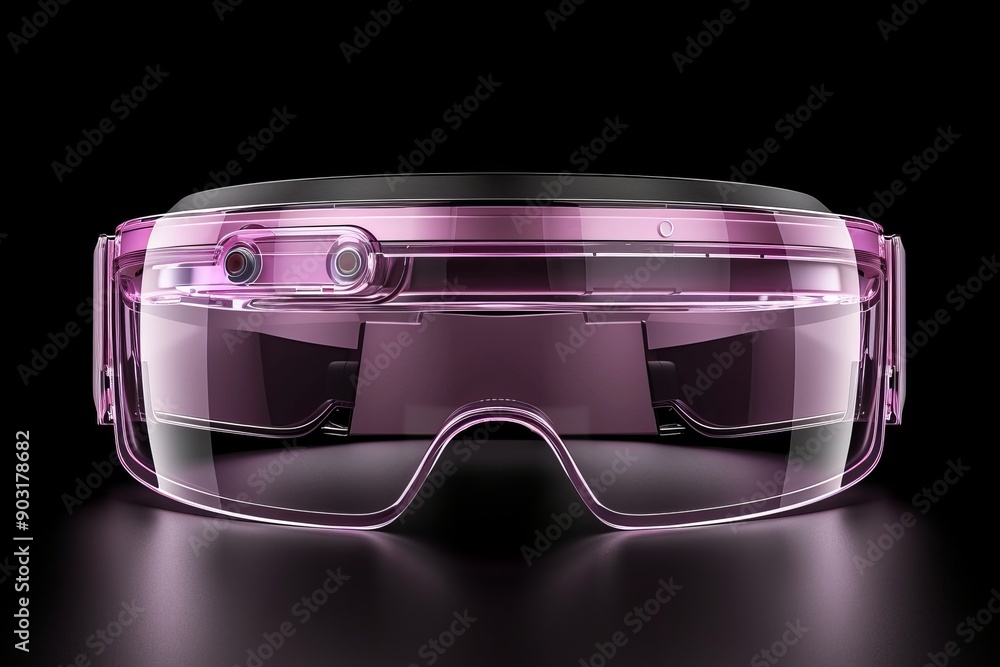 Poster transparent smart glasses with a sleek design set in a futuristic illuminated environment highlighti