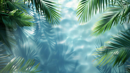 Fototapeta premium Transparent shadows with a top view. Effects of palm leaves, water waves and sun reflections on a transparent background. 
