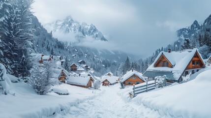 Picturesque mountain village with chalet-style houses and surrounding peaks