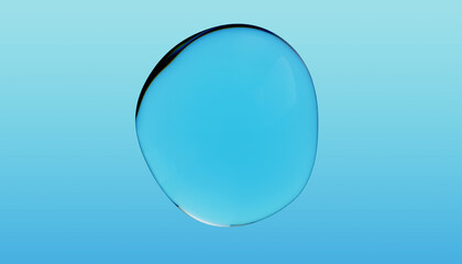 Abstract water bubble on blue background. Blue distorted droplet floating, Purity concept. 3d render illustration