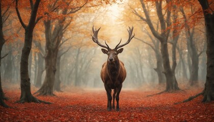 A majestic stag stands tall in the autumn mist