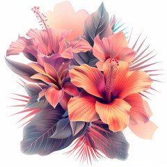 Obraz premium Bouquet of tropical flowers and leaves. Vibrant peach pink colors with gradient holographic colors. Modern illustration.