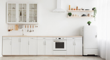 Minimal light scandinavian kitchen interior. White furniture with utensils, shelves with crockery and plants in pots, small refrigerator near window, panorama, empty space