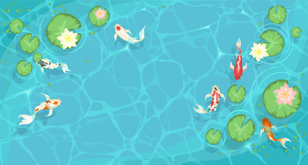 Lake top view background with swimming koi fish. Blue water pound with lily lotus flower vector illustration in cartoon style