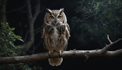 Obraz premium A serene owl perched on a branch in the twilight forest