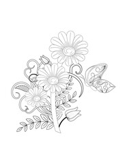 Flower coloring, Hand drawn coloring page for kids and adults. Potted plant, roses. Beautiful drawing with patterns and small details. Coloring book pictures. Vector. Flower coloring page 