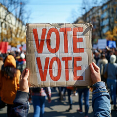 person holding a voting sign, in a large crowd on a city street