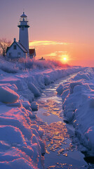 Ice shelf and lighthouse at sunset in Marken, a small village near Amsterdam, Netherlands