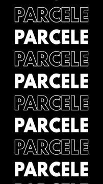 Vertical video with the word 'parcele' repeated, changing to white fill and outline.