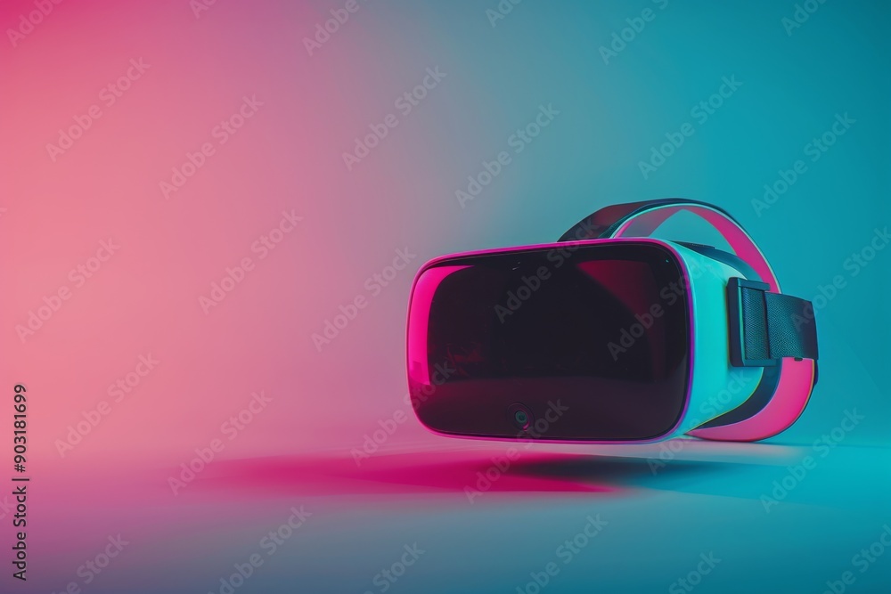 Poster futuristic vr headset with pink and blue glow in minimalistic setting emphasizing cutting edge techn
