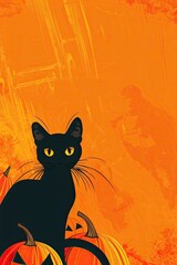 An illustration of a black cat and a carved pumpkin with a smiling face, set against a bright orange background.