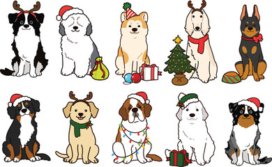 Simple and adorable Christmas illustrations of friendly big dogs outlined