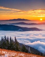 Naklejka premium Bright saturated colors dawn above the sea of fog over the tops of the Carpathian is fabulously beautiful panoramic view, illuminated by the golden rays of the rising sun early in the morning
