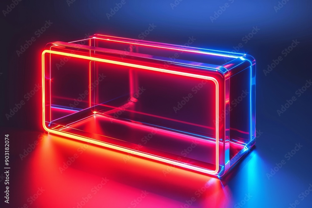 Poster neon lit rectangular virtual reality interface with blue and red highlights symbolizing digital inno
