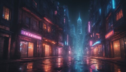 Neon dreams reflecting in a cyberpunk city's wet streets