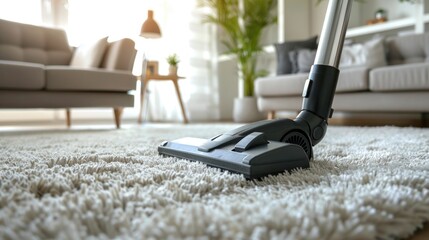 A vacuum cleaner cleaning a shaggy carpet in a contemporary, bright, and cozy living room with modern decor.