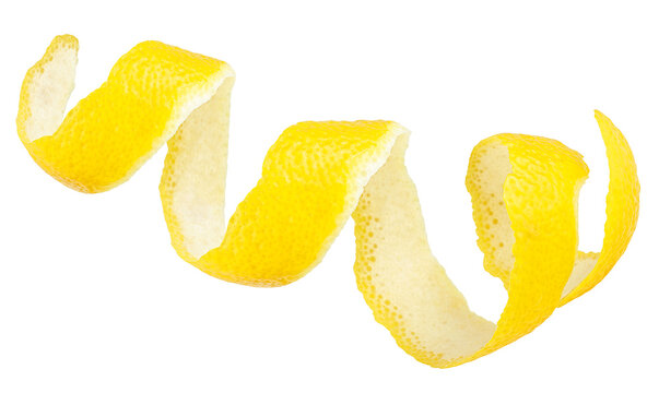 Fresh lemon skin in spiral form isolated on a white background. Citrus twist peel or lemon zest.