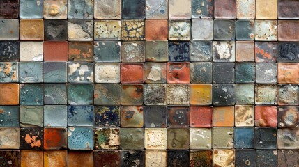 Weathered vintage tile mosaic showcasing faded colors and textures in urban setting