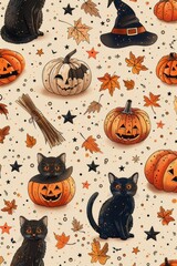 Halloween Pattern with Black Cats, Pumpkins, and Witch Hat