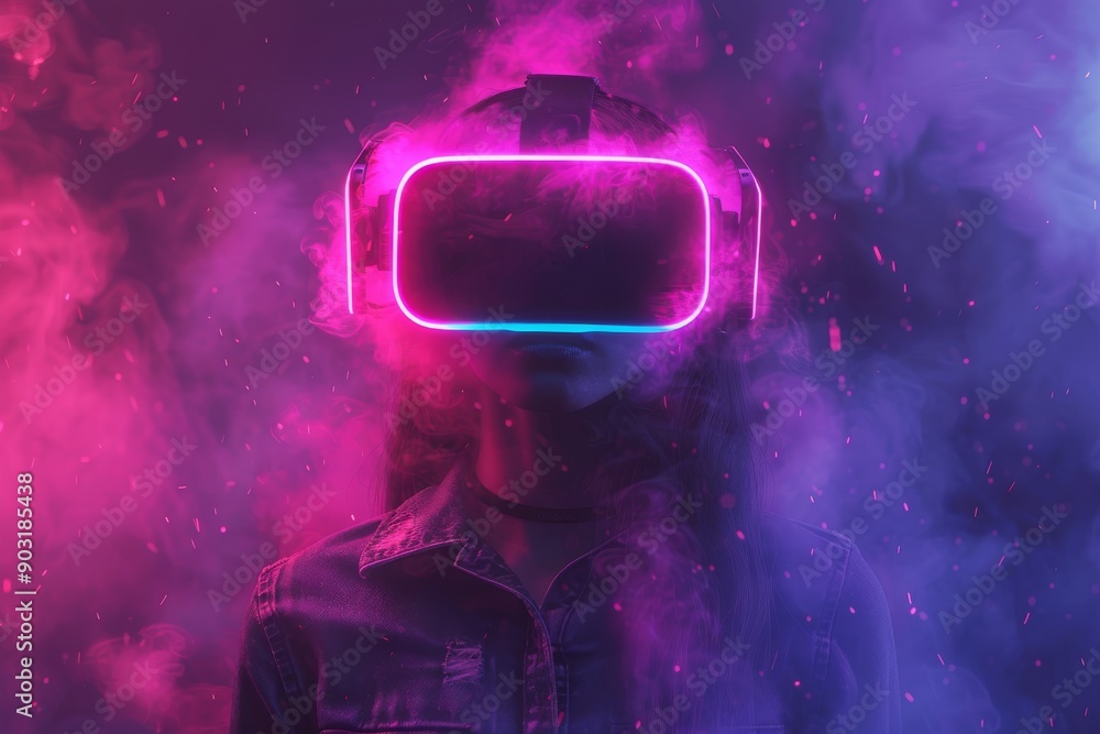 Poster Man Wearing VR Headset with Neon Pink and Blue Glow in Urban Night Setting Emphasizing Virtual Reality Trends and Future Technology