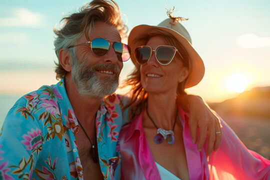 selfie of an older couple sitting at an outdoor cafe, feeling happy and contented, old bald guy with sunglasses sitting down on a field having a piknik with his wife
