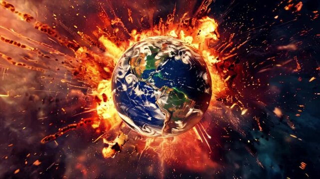 Planet Earth exploding from nuclear blast. Explosion of atomic bomb. Apocalypse, world war 