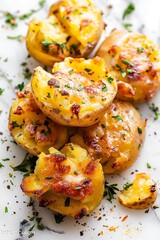 Golden crispy garlic butter smashed potatoes garnished with fresh parsley. Perfect for food photography and gourmet recipe concepts.