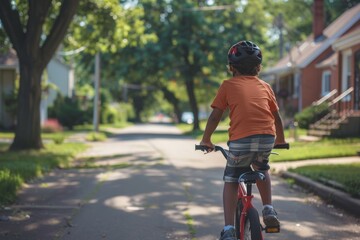 Child Riding Bike with Parent's Guidance on a Suburban Street - Summer Learning Adventure